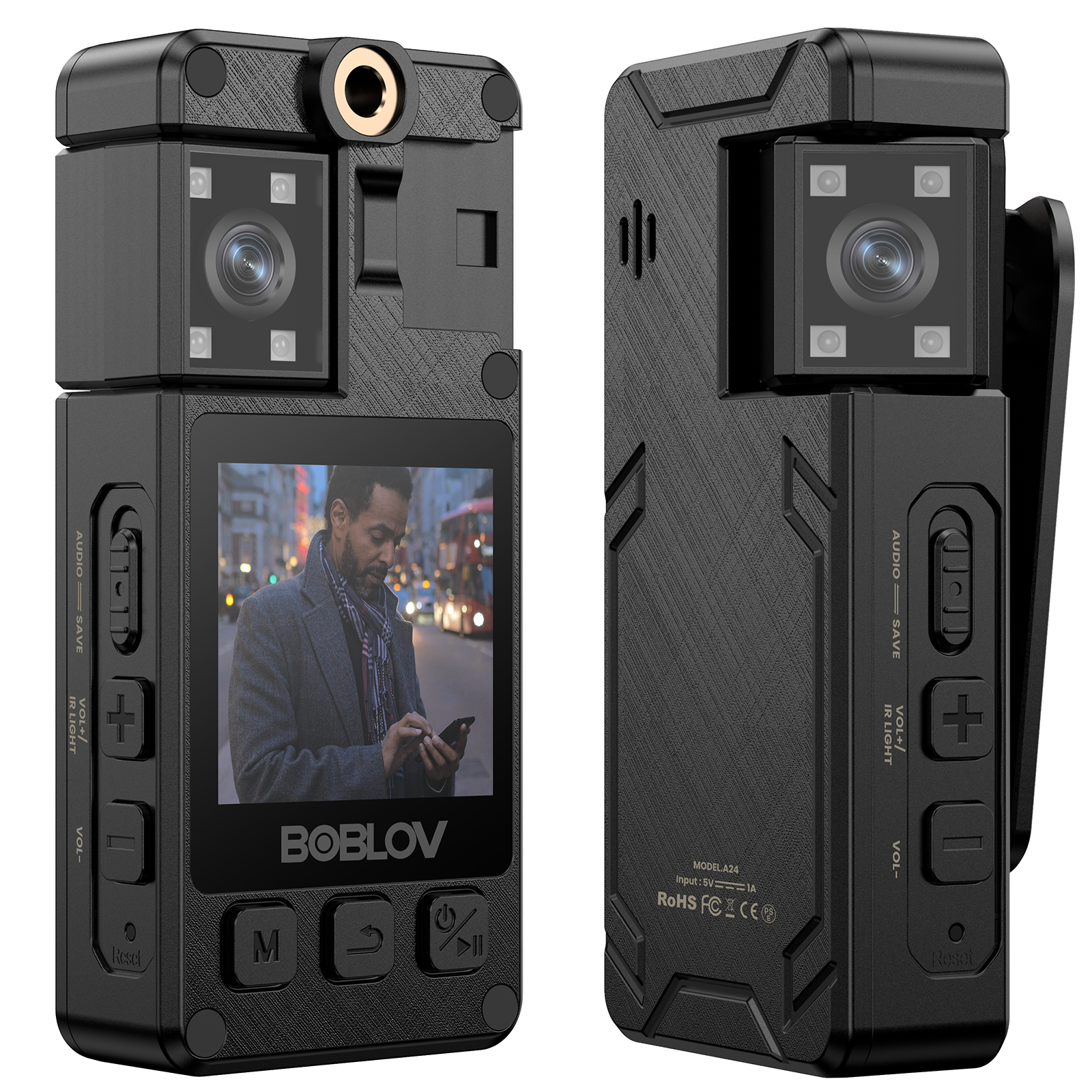 BOBLOV A24 1296P Mini Body Camera with 64GB storage and 180-degree rotation, capable of 8 hours video recording0