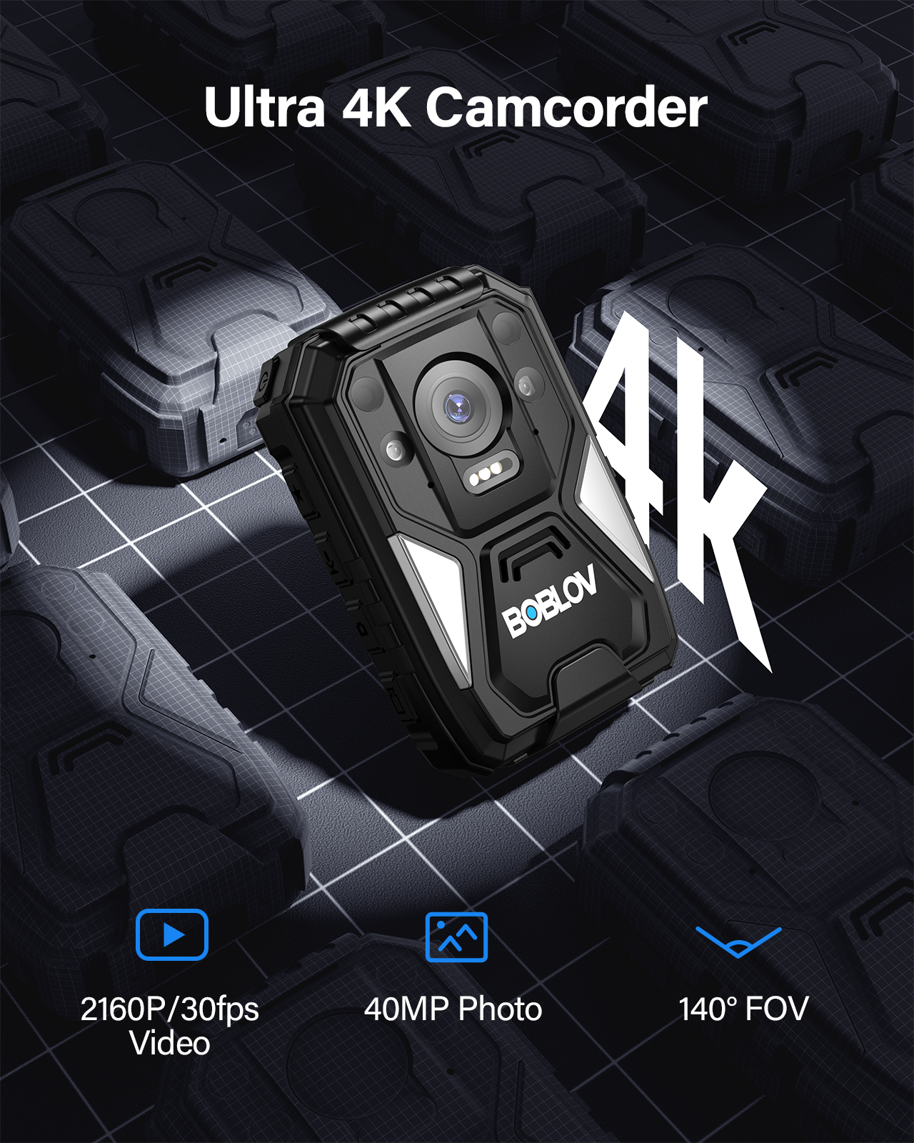 BOBLOV B4K4 4K Body Camera, 128G Bodycam with Charging Dock, GPS IP67 Police Security Camera