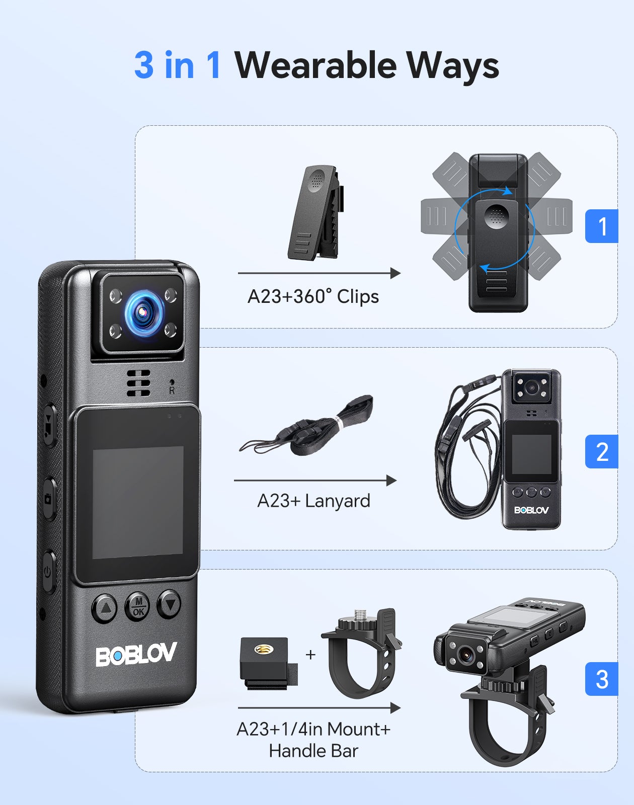 BOBLOV A23 64GB Body Worn Camera, 180° Rotatable Video Camera, 2200mAh Battery with 9Hours Shooting, Night Vision, 1080P, Design for Lecture, Fishing, or Delivery