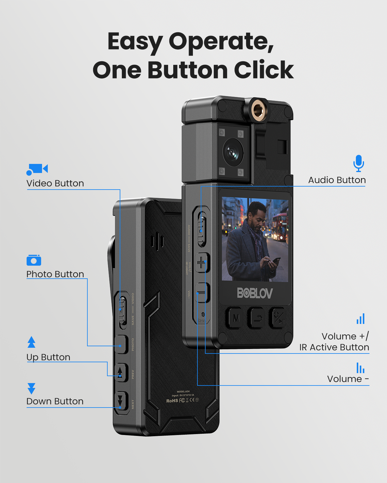 BOBLOV A24 1296P Mini Body Camera with 64GB storage and 180-degree rotation, capable of 8 hours video recording1