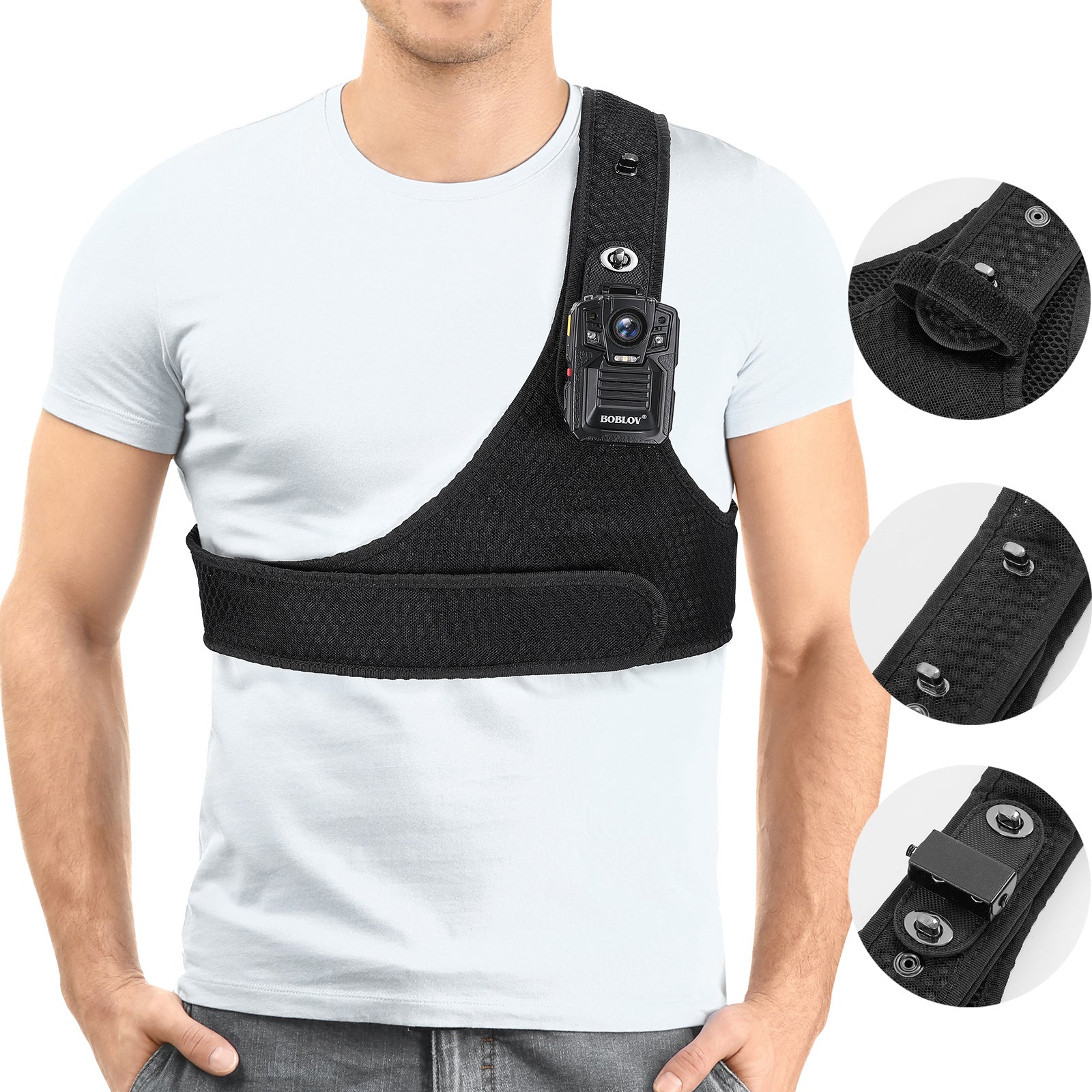 BOBLOV Body Camera Mount, Chest Vest, Durable Shoulder Single Vest for All Body Camera, Velcro Wearing with Adjustable Size, Support Max 130cm/4.3ft and Min 116cm/3.8ft Chest Size