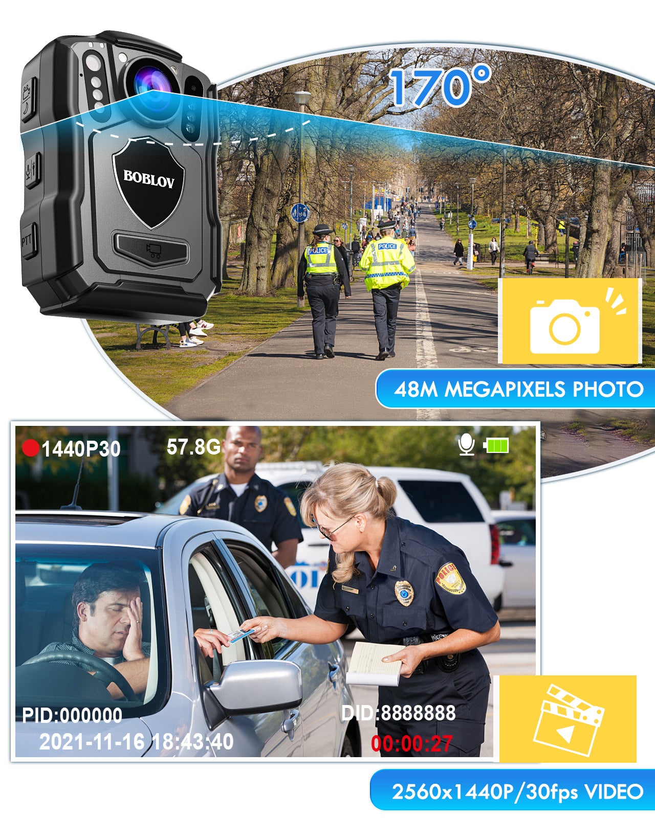 BOBLOV GPS IP67 Body Cam, M5 1440P Body Camera, 15 Hrs Recording, IR, Car Mount