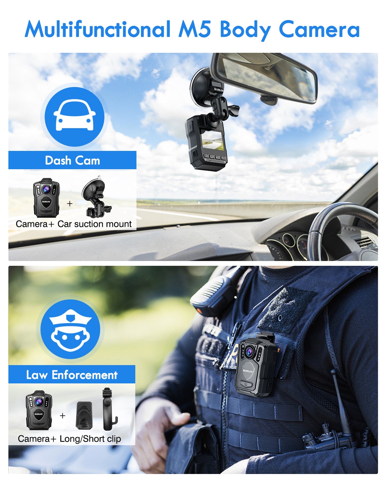 BOBLOV GPS IP67 Body Cam, M5 1440P Body Camera, 15 Hrs Recording, IR, Car Mount