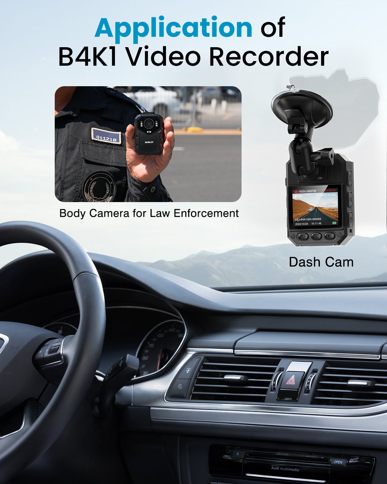 BOBLOV B4K1 128GB 4K body camera with GPS and 3100mAh battery for extended 10-12 hours shooting, includes car suction mount and charger6