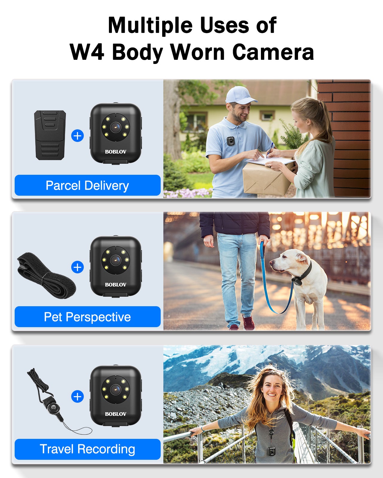 BOBLOV W4 Mini Body Camera, 64GB 1080P Video Camera, Expand Memory, 950mAh Batter for Head Mounted with Strap and Short Clip