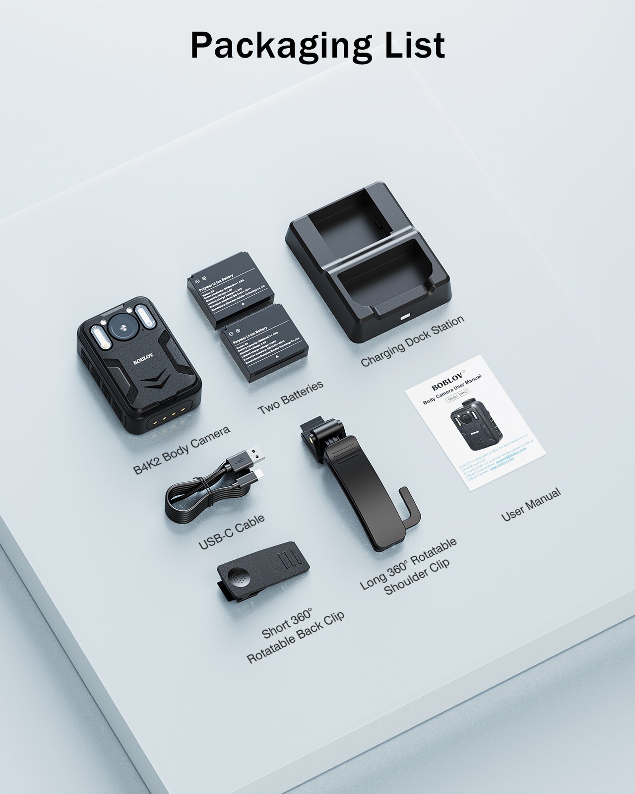 BOBLOV B4K2 4K body camera with GPS and two 3000mAh batteries for extended 14-16 hours recording, including charging dock7