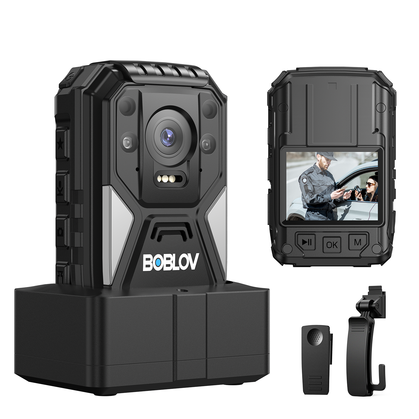 BOBLOV B4K4 4K Body Camera, 128G Bodycam with Charging Dock, GPS IP67 Police Security Camera