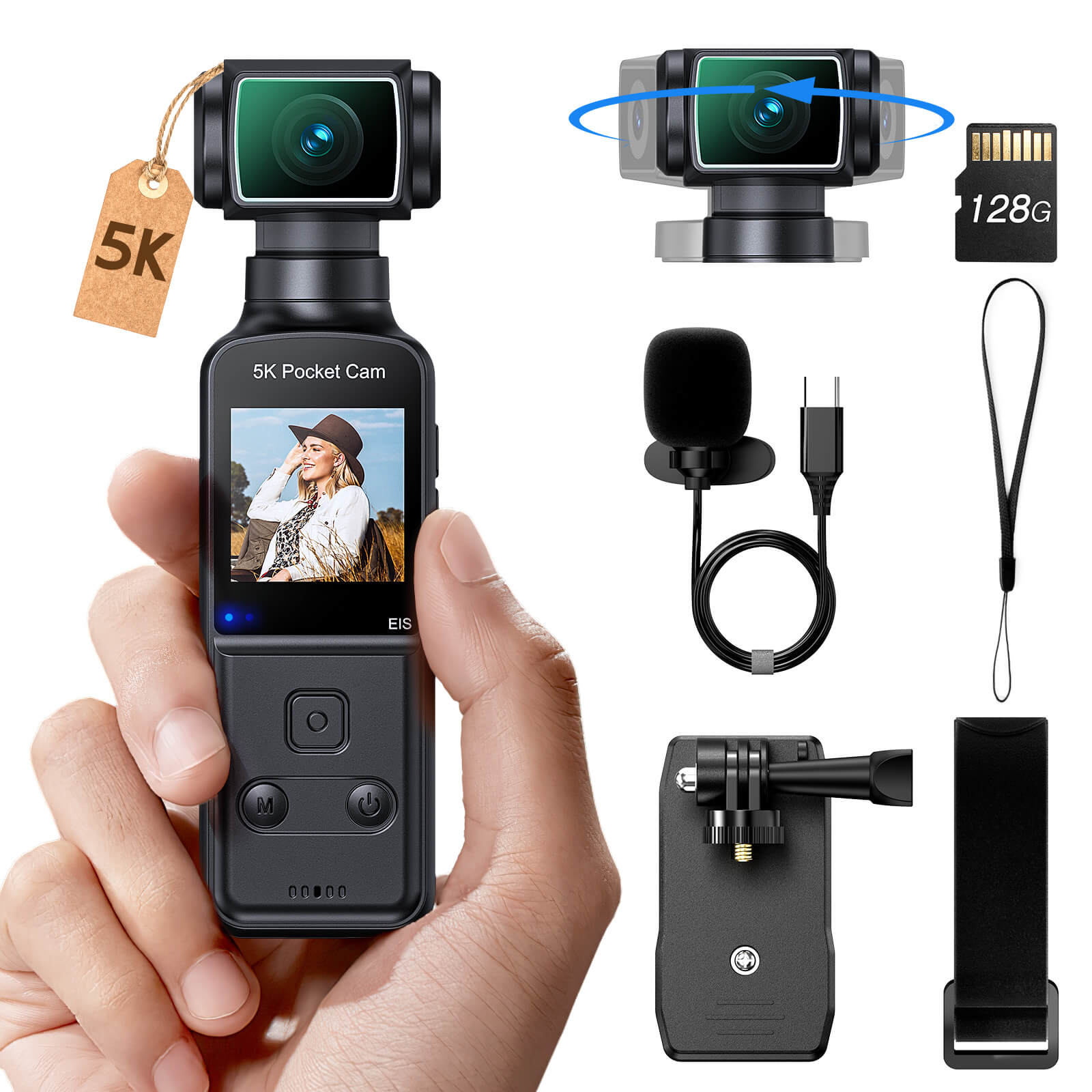BOBLOV 5K W5 Body Camera with Microphone, Sports Camera for Vlog,  5K/15FPS and 4K/60FPS with 270° Rotating Lens, External Mic Support