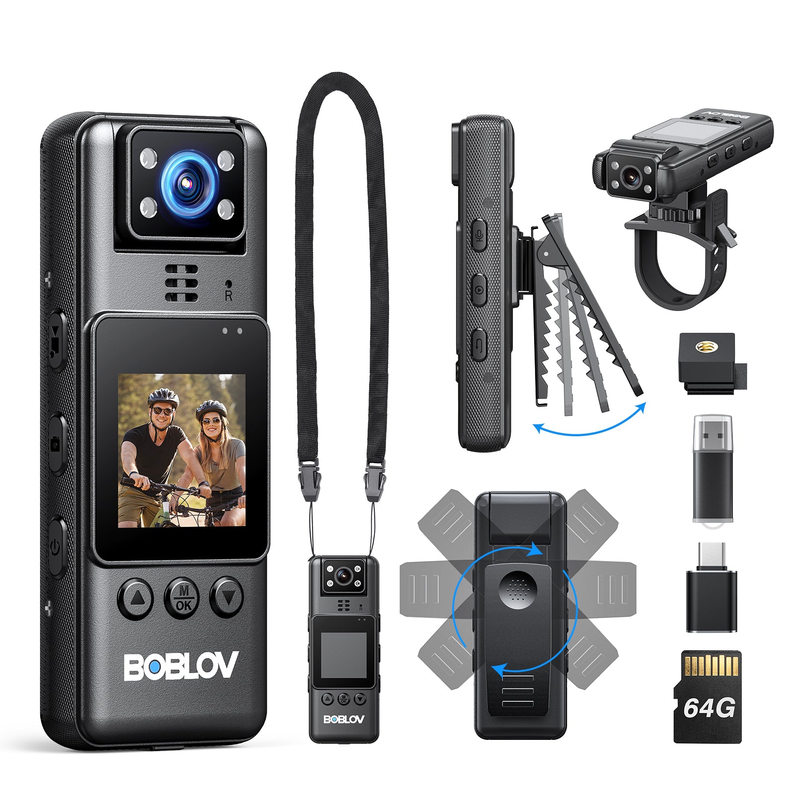 BOBLOV A23 64GB Body Worn Camera, 180° Rotatable Video Camera, 2200mAh Battery with 9Hours Shooting, Night Vision, 1080P, Design for Lecture, Fishing, or Delivery
