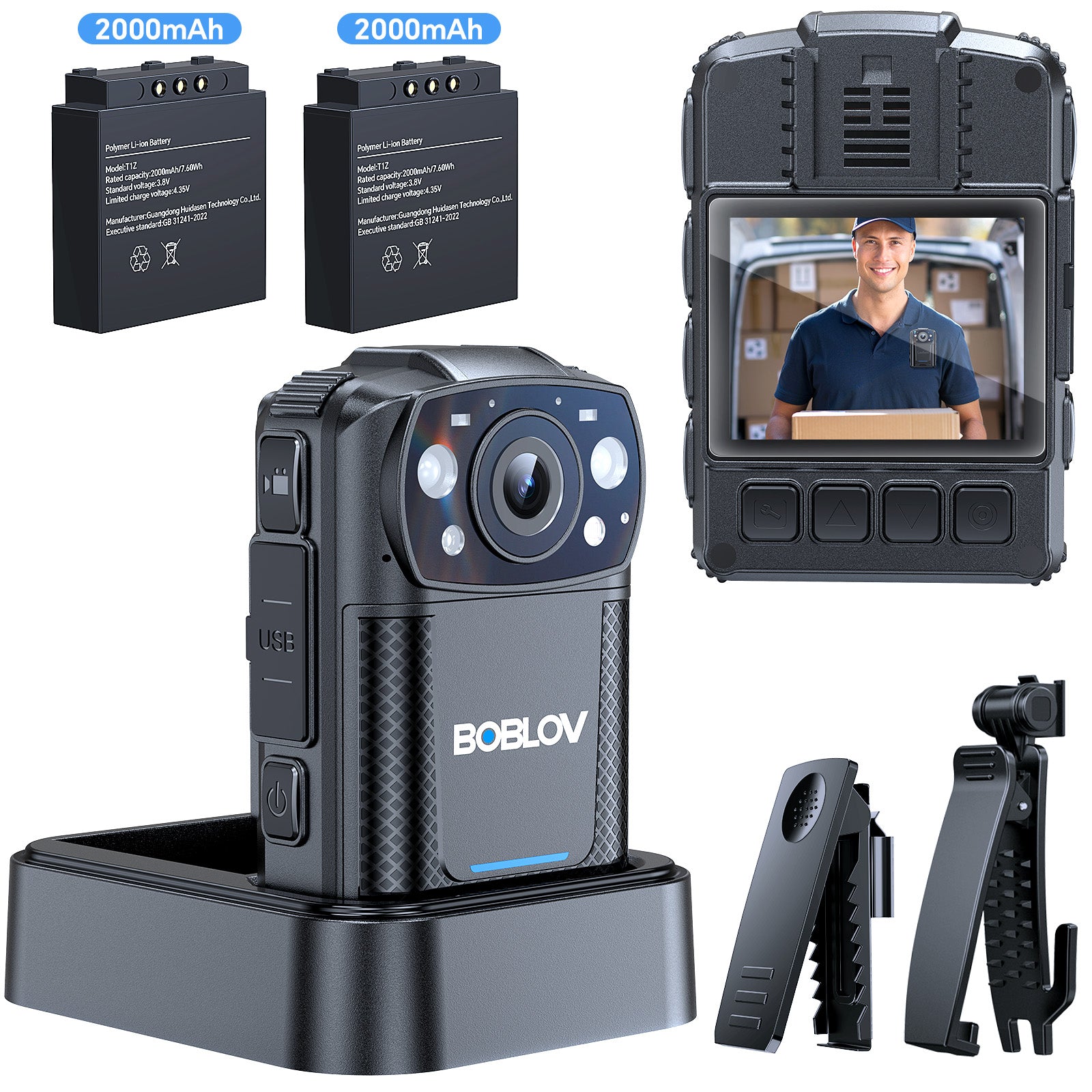 BOBLOV KJ26 2K Body Camera with Dual 2000mAh Batteries & Charging Base, 8H Continuous Recording, Night Vision, and 360° Rotatable Clips for Law Enforcement, Security & Outdoor Use