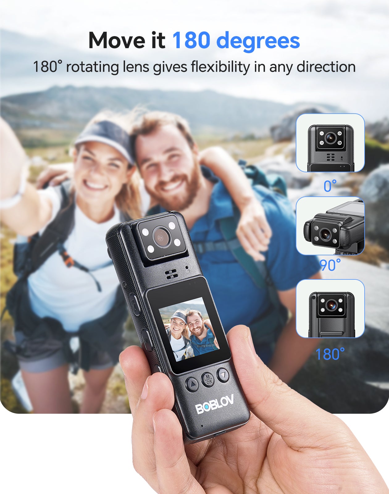 BOBLOV A23 64GB Body Worn Camera, 180° Rotatable Video Camera, 2200mAh Battery with 9Hours Shooting, Night Vision, 1080P, Design for Lecture, Fishing, or Delivery