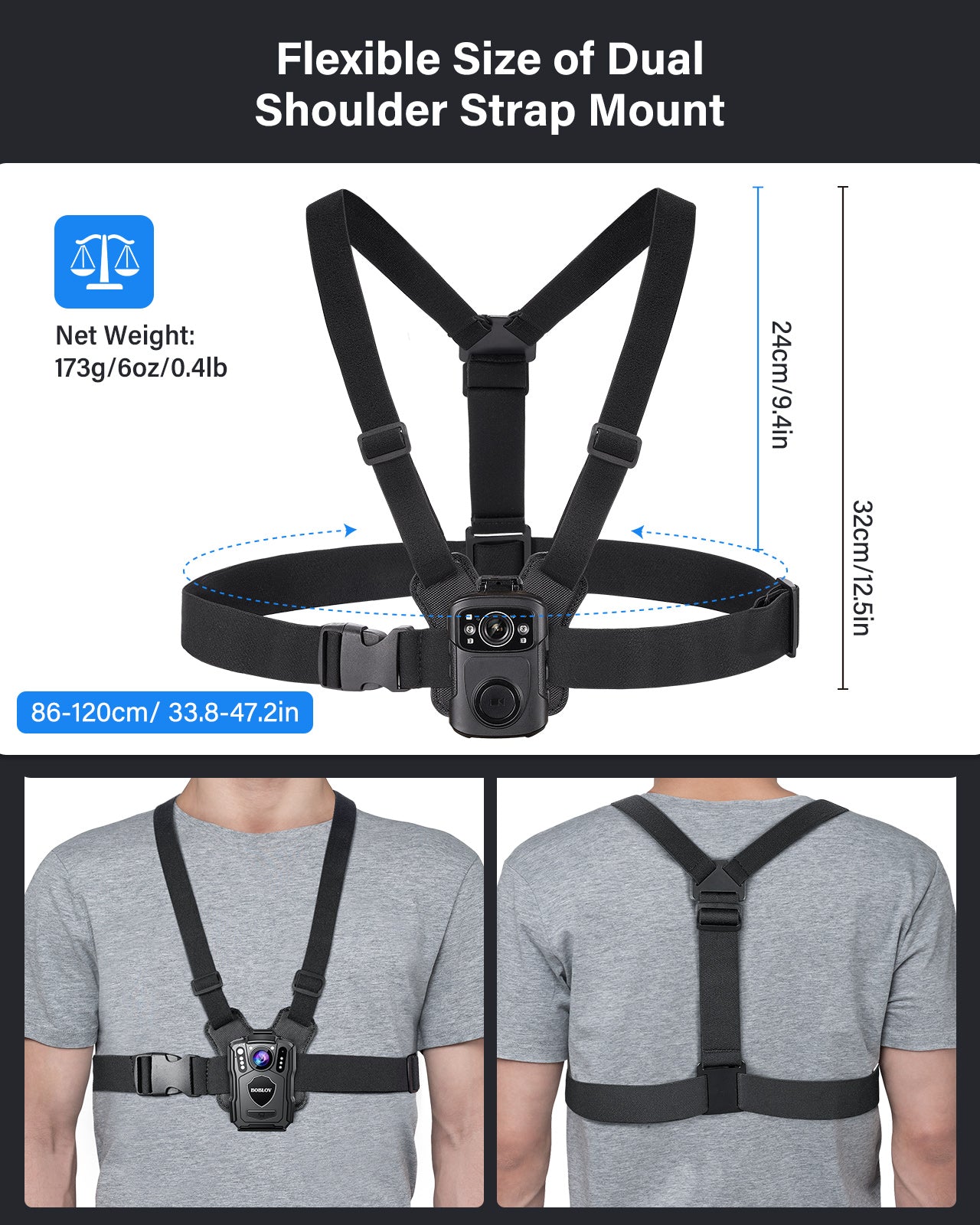 BOBLOV NEW Dual Shoulder Mount, Vest Mount for All Brand Body Camera, Wearable Chest Strap