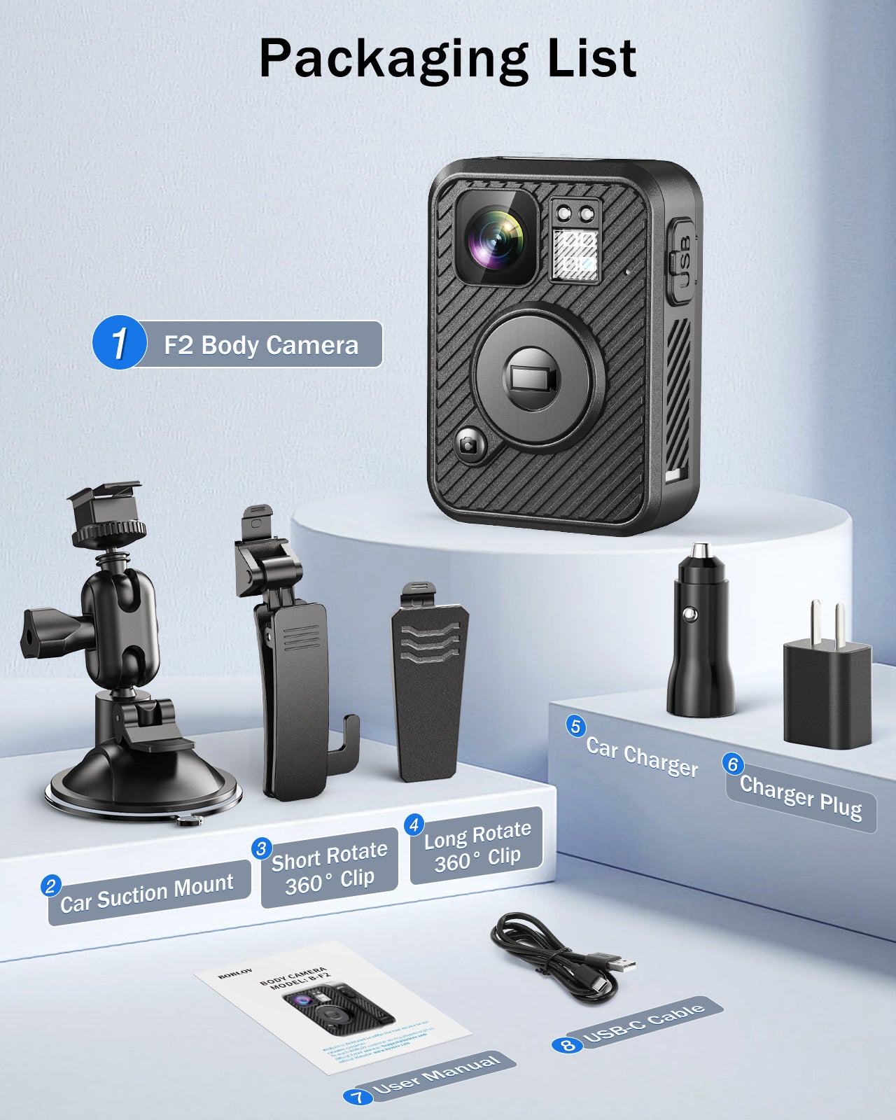 BOBLOV F2 2K Body Camera, GPS&WiFi 128GB Bodycam, Dual IPS Screens, 8-10Hrs Recording