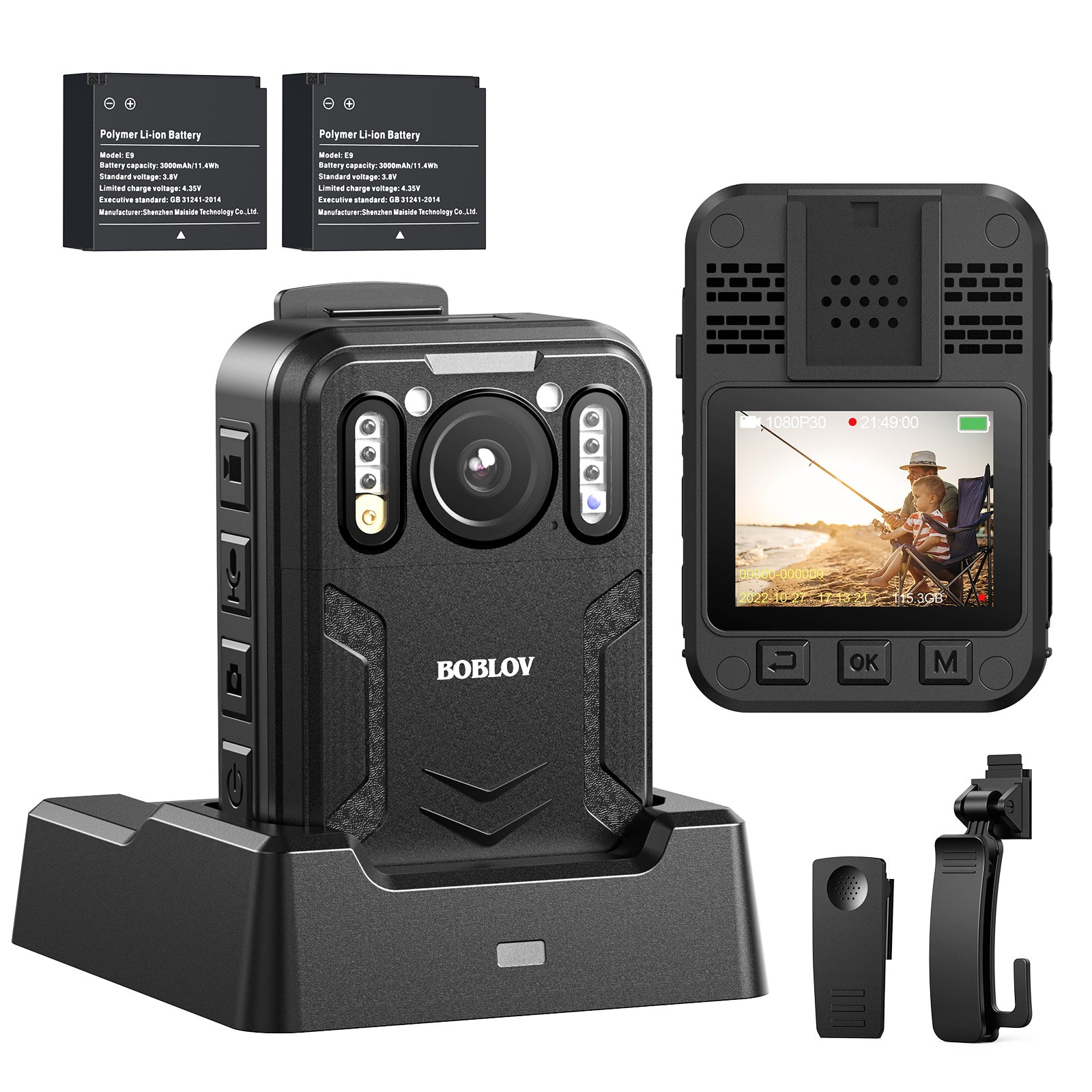 BOBLOV B4K2 4K body camera with GPS and two 3000mAh batteries for extended 14-16 hours recording, including charging dock0