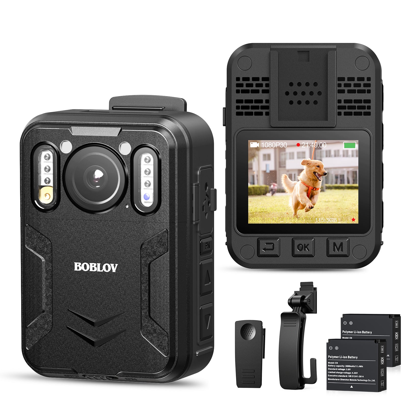 BOBLOV B4K2 4K body camera with GPS and two 3000mAh batteries for extended 14-16 hours recording, including charging dock2