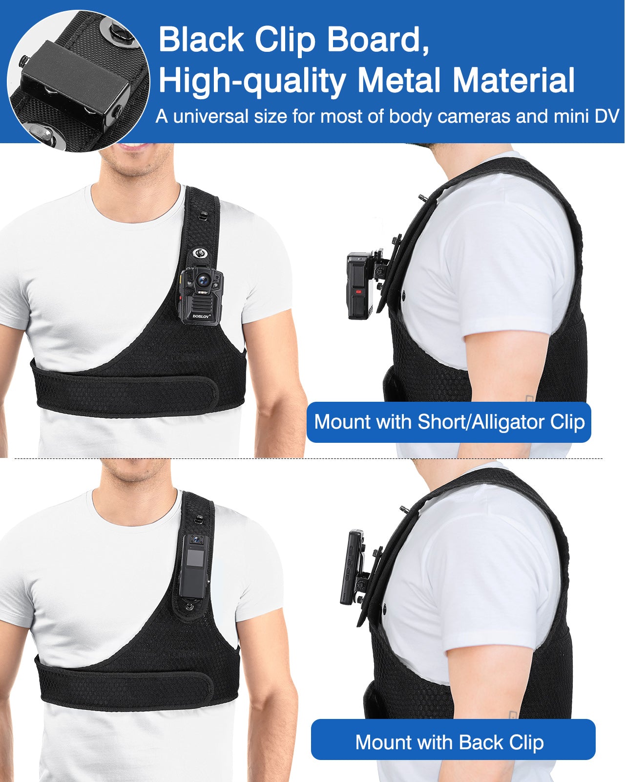 BOBLOV Body Camera Mount, Chest Vest, Durable Shoulder Single Vest for All Body Camera, Velcro Wearing with Adjustable Size, Support Max 130cm/4.3ft and Min 116cm/3.8ft Chest Size