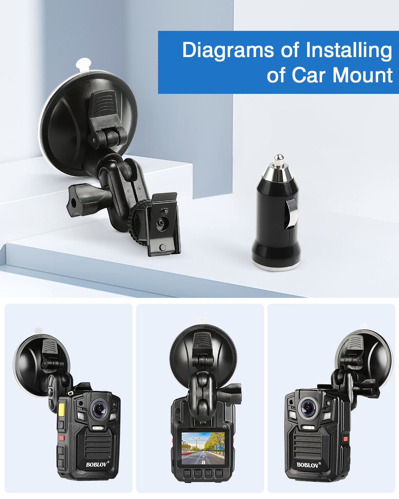 BOBLOV Car Suction Cup for HD66-02/D7 Body Camera, Car Mount and a Car Charger ONLY for HD66-02/D7 Body Camera, Dash Camera Accessories for HD66-02/D7 Body Camera(Camera not Included)
