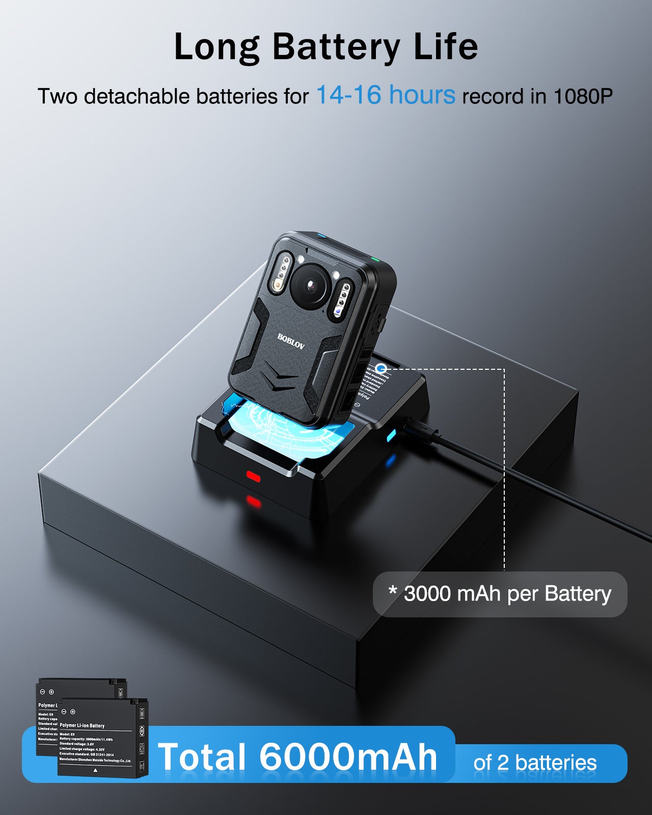 BOBLOV B4K2 4K body camera with GPS and two 3000mAh batteries for extended 14-16 hours recording, including charging dock8